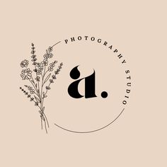 the logo for photographer studio with flowers and letters in black on a light pink background