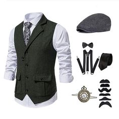 Season:All Seasons; Look After Me:Washable; Gender:Men's; What's in the box:Cravat,Top,Hat,Suspenders; Types:Outfits,Vest,Waistcoat,Accesories Set,Beret Hat; Style:Retro Vintage,1920s; Elasticity:Inelastic; Occasion:Party,Party  Evening; Material:Polyester; Age Group:Adults'; Characters:The Great Gatsby,Gentleman; Listing Date:03/20/2023; Clothing Length:null; Bust:null; Shoulder Width:null Gatsby Attire For Men, 1920s Mens Accessories, 1920s Men Accessories, Masquerade Men, Mens Waistcoat