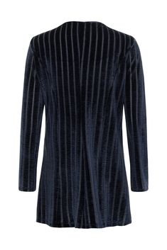 Bring a luxurious and versatile addition to your wardrobe with this Women's Navy Blue Stripped Stretch Velvet Cardigan. Featuring a regal princess silhouette, a delicate hook and eye closure, and convenient pockets, this cardigan adds sophistication to any outfit. Its stretch velvet material elevates both jeans ensembles and formal attire, making it a must-have for any occasion. Crafted from 90% polyester and 10% spandex, with elegant trims consisting of a single small hook and eye closure, this Velvet Cardigan, Princess Silhouette, Cardigan Outfits, Velvet Fashion, Velvet Material, Stretch Velvet, Formal Attire, Navy Women, Blue Velvet