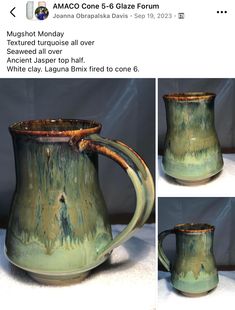 the mug is green and has brown glaze on it