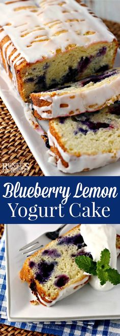 blueberry lemon yogurt cake on a white plate