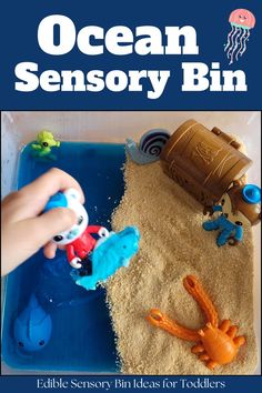 Pin text reads, ocean sensory bin edible sensory bin ideas for toddlers and shows edible beach sensory bin. Preschool Ocean Activities, Beach Sensory Bin, Ocean Sensory Bin, Ocean Activities Preschool, Edible Sensory Play, Ocean Sensory, Preschool Ocean, Edible Sand