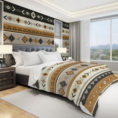 a bedroom with a bed, nightstands and large window overlooking the cityscape