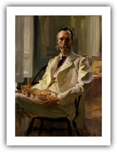 a painting of a man sitting in a chair holding a cat