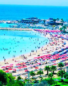 the beach is crowded with people and umbrellas