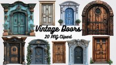 various doors and windows are shown in different styles, sizes and colors with the words vintage doors 20 png clipart