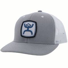 Youth Zenith light grey and white hat with blue, white, and black patch Hooey Logo, Leather Halter, White Caps, White Hat, White Mesh, Trucker Cap, Patch Logo, Grey And White, White Blue