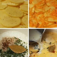 four different pictures show potatoes, carrots and other foods