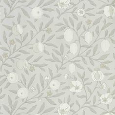 a wallpaper with white flowers and leaves on grey background, suitable for use in interior design