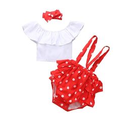 Baby Girl Ruffle Top & Suspender Shorts & Polka Dot Headband - PrettyKid Playful Red Ruffled Sets, Cotton Polka Dot Sets For Summer, Cute Polka Dot Sets For Spring, Cute Polka Dot Spring Sets, Cute Polka Dot Summer Sets, Polka Dot Fitted Summer Sets, Playful Polka Dot Sets For Spring, Playful Polka Dot Spring Sets, Fabric Care Labels