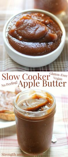 slow cooker apple butter in a glass jar on a plaid tablecloth with text overlay that says slow cooker apple butter