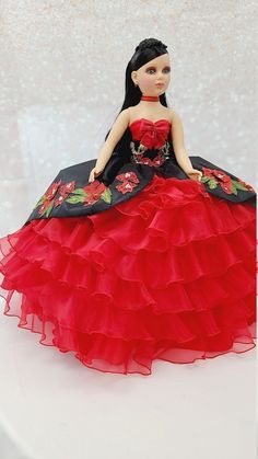 Make it extra special by purchasing the arch gift wrapping Looking for something extraordinary for that upcoming special occasion? This Quinceanera doll is perfect for that special occasion as it will be personalized. It will be the perfect gift for the birthday girl. We can make this doll in many colors. Each doll will be made to order so please send us the picture of the quinceanera dress. Please note we will do everything possible to match your quinceanera doll dress and color to the colors y Ballroom Dress Pattern, Dress From Scratch, Red Quinceanera Ideas, Vestido Charro, Mexican Hairstyles, Quinceñera Dresses, Quince Decorations, Custom Made Dress, Mexican Party Theme