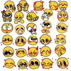 a bunch of smiley faces with different expressions on them, all drawn in various styles and colors