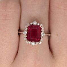 Red Ruby Ring W Unique Diamond Halo in Dual Tone Solid 14k - Etsy Ruby Rings Women, Ruby Jewelry Ring, Antique Ruby Ring, Red Ruby Ring, July Birthstone Ring, Ruby And Diamond Ring, Ruby Rings, Red Ring, Jewelry Safe