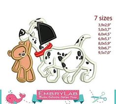 the embroidery design features a dog and a teddy bear