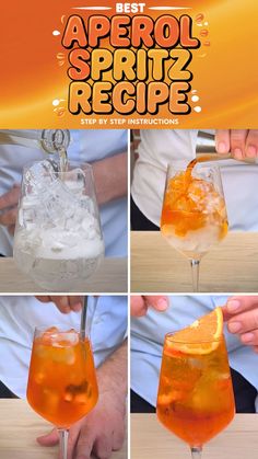 Best Aperol Spritz recipe with step-by-step instructions. Learn how to make this classic Italian cocktail with Prosecco, Aperol, and soda water. Visuals show adding ice, pouring Prosecco and Aperol, stirring, and garnishing with an orange slice. A must-try Spritz drink!