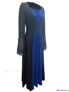 Orcajump - Color Block Lace Up A-line Dress, Gothic Flared Sleeve Crisscross Dress, Women's Clothing Elegant Blue Dress For Halloween, Gothic Long Sleeve Blue Dress, Blue Gothic Long Sleeve Dress, Blue Long Sleeve Gothic Dress, Criss Cross Dress, Vintage Material, Criss Cross, Style Vintage, Fit And Flare