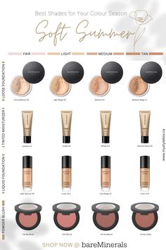 Best Make-Up Colours for the Soft Summer Colour Season True Summer Color Palette Hair Colour, Cool Summer Color Palette Makeup, Summer Colour Season, Soft Autumn Makeup, Summer Foundation