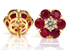 Luxury Red Brilliant Cut Earrings, Red Round Diamond Cut Earrings, Dazzling Red Round Earrings, Red Diamond Round Cut Earrings, Gem Ruby, Diamond Cluster Earrings, Flower Tops, Ruby Diamond, Cluster Earrings