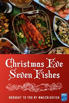 Top half: picture of 7 fishes dinner, various dishes
Bottom half: white text on red gradient background, reads "Christmas Eve Seven Fishes | Brought to you by @MSCbluefish" Christmas Eve 7 Fish Dinner Ideas, Christmas Fish Recipes, Seafood Christmas Dinner Ideas, Feast Of The Seven Fishes Menu Families, Feast Of 7 Fishes, Feast Of 7 Fishes Italian Christmas, Italian Fish Recipes Christmas Eve, Christmas Eve Feast Of The Seven Fishes, Seven Fishes Christmas Eve