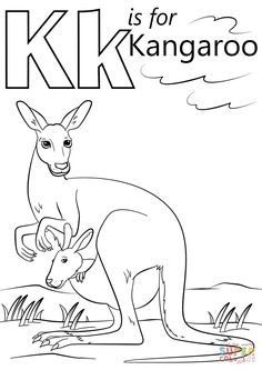 a kangaroo and its baby are shown in this alphabet coloring page for kids to color