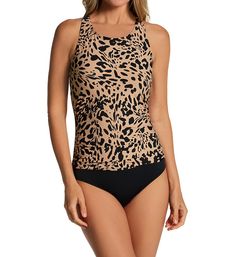 a woman wearing a tan and black swimsuit with an animal print on the back