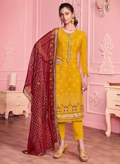 Yellow And Red Designer Pakistani Pant Suit Pakistani Suit With Pants, Mustard Yellow Pants, Celana Fashion, Indian Dresses Online, Partywear Dresses, Pakistani Party Wear, Georgette Dupatta, Salwar Suits Online, Yellow Pants