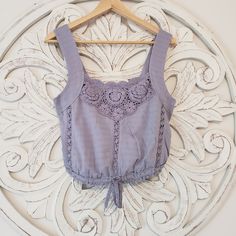 Crop Length With Drawstring Hem Crochet Details Boho Vibe Slips Over Head 100% Cotton Beautiful Top Color: Frosted Lilac Purple Crochet Top, Free People Kimono, Black Lace Tank Top, Free People Bodysuit, Free People Blouse, Bohemian Tops, Free People Top, Waffle Knit Top, Black And White Tops