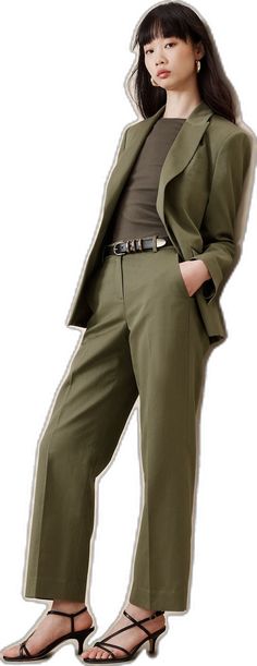 Khaki Straight Chinos For Spring, Spring Khaki Straight Leg Chinos, Khaki Straight Leg Chinos For Spring, Spring Linen Chinos For Work, Spring Khaki Chinos With Belt Loops, Khaki Chinos With Belt Loops For Spring, Green Casual Dress Pants For Office, Casual Cotton Bottoms For Office, Casual Green Dress Pants For Office