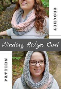 a woman wearing a scarf and glasses with the words winding ridge cowl on it