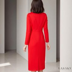 Lasaky - Stunning Long-Lasting Red Bodycon Dress with Refined Styling Red Midi Dress For Fall Office Wear, Red Midi Dress For Office In Fall, Red Knee-length Dresses For Office, Red Knee-length Office Dress, Red Winter Workwear Dresses, Red Midi Dress Bodycon, Red A Line Dress, Long Knit Sweater, Red Bodycon