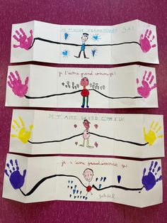 three handprints on paper with children's drawings