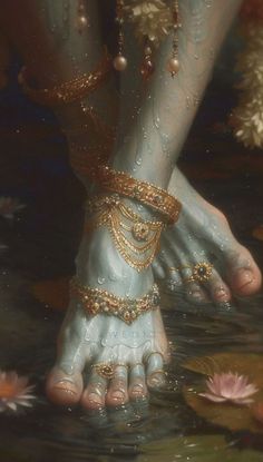 a painting of a barefoot woman's feet in water with jewelry on her ankles