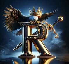 the letter r with an eagle and crown on it's back is reflected in water