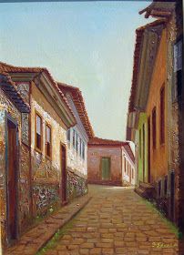 a painting of an alley way with brick buildings