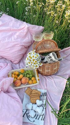 a picnic is set out in the grass with food and drinks on it, including fruit