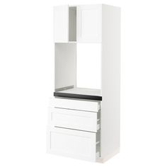 a white cabinet with two drawers and a black top on the bottom shelf is shown