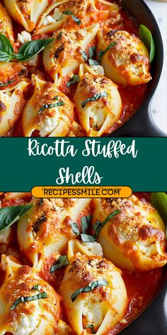 a skillet filled with ricotta stuffed shells covered in tomato sauce and spinach