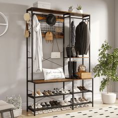 a shoe rack in the corner of a room filled with shoes and other items on shelves