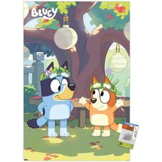 two cartoon characters standing next to each other in front of a tree with flowers on it