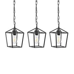 three lights hanging from the ceiling, one with an open cage and one with a light bulb