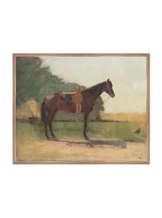 a painting of a horse in a field with trees and grass behind it, framed on a white wall