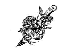 a tattoo design with roses and a knife