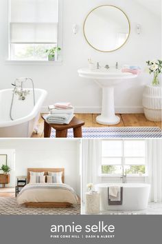 there is a bathroom with white walls and furniture in the room, including a bathtub