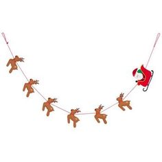 a christmas garland with reindeers and santa's hat hanging from the side on a white background