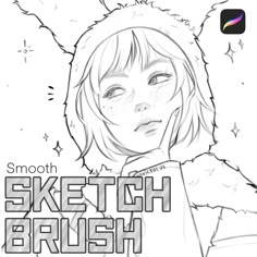 a drawing of a girl with the words sketch brush in front of her face and behind her