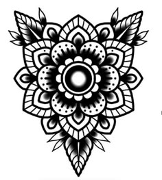 a black and white drawing of a flower with leaves on the petals, which is drawn in