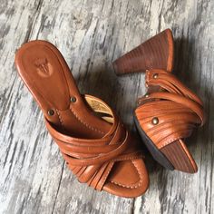 Frye Shoes - Frye Tan Leather Wood Clog Western Brown Heels With Stacked Heel, Brown Leather Mules With Stacked Heel, Western Brown Leather Clogs, Western Style Brown Leather Clogs, Rugged Brown Leather Mules, Western Style Brown Leather Heels, Mule Sneakers, Wooden Clogs, Suede Mules