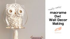 an owl made out of yarn sitting on top of a wooden stand with the words macrame owl wall decor making