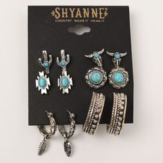 Shyanne 6 Pair Earring Set Silver Tone W/ Turquoise Accents Cactus, Longhorns, Southwest Cross, Blossoms, Hoops W/ Feather Charms & Dotted Hoops New, Never Worn Turquoise Southwestern Hoop Earrings, Turquoise Western Style Summer Jewelry, Country Earrings, Western Things, Western Necklace, Western Stuff, Turquoise Earring, Horseshoe Earrings, Silver Turquoise Earrings